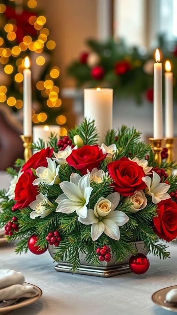 A festive Christmas table centerpiece with flowers and greenery in a decorative container, illuminated by candlelight.